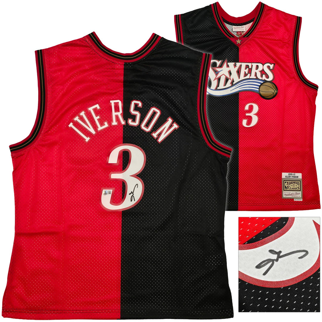 76ers Allen Iverson Auto Black Red Mitchell Ness 2000-01 Swingman Jersey XL BAS