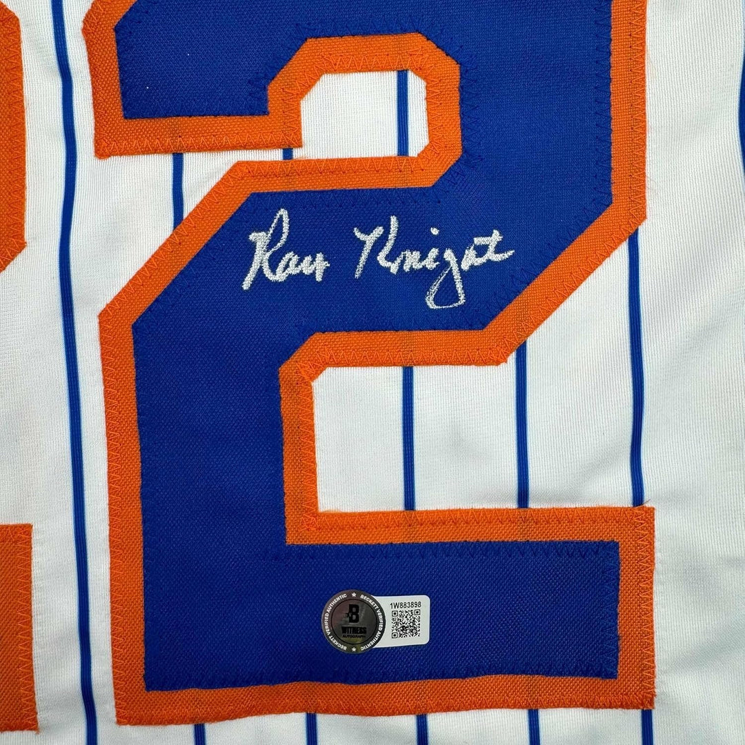 Framed Autographed/Signed Ray Knight 35x39 New York Pinstripe Jersey COA