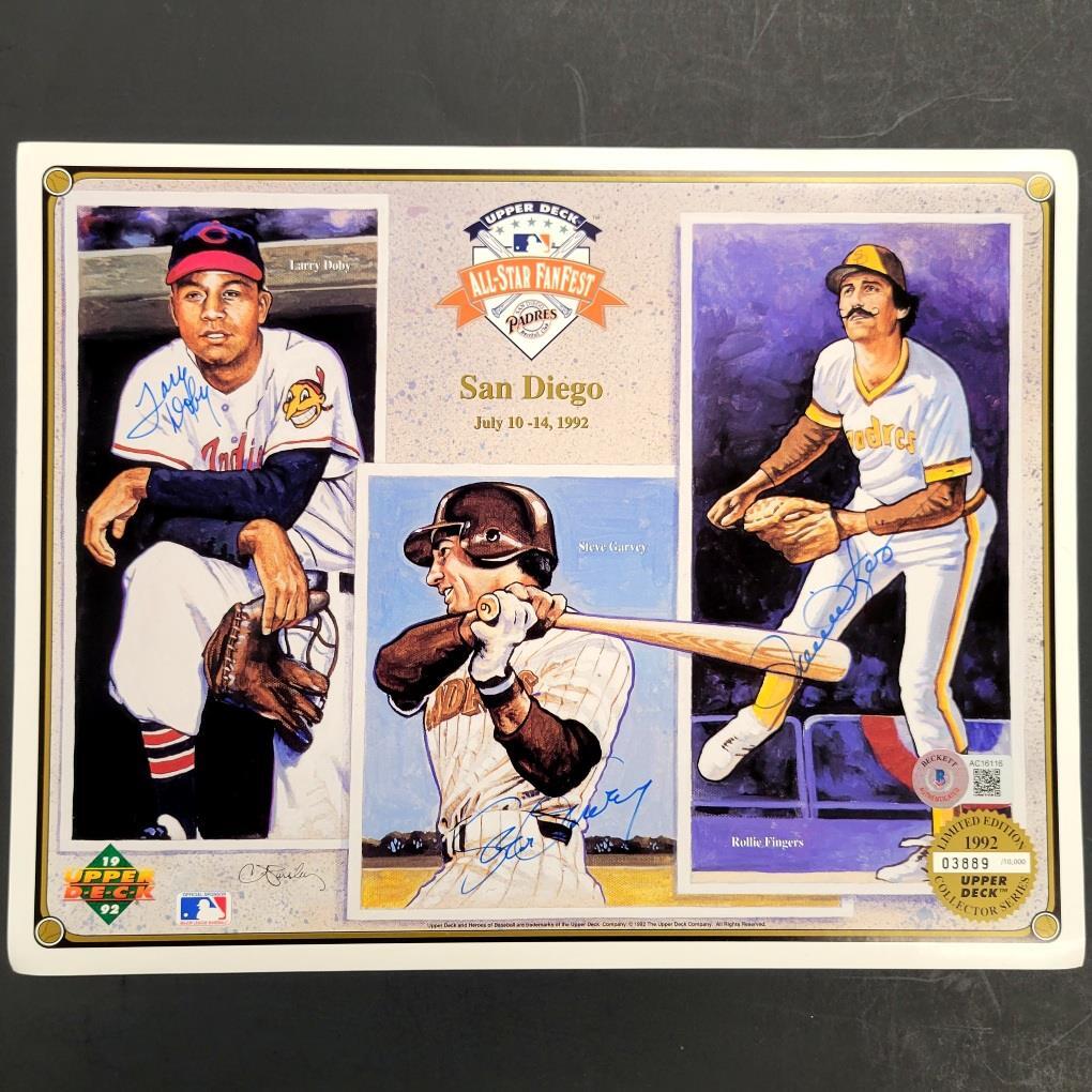 Rollie Fingers Steve Garvey Larry Doby signed Upper Deck 8x10 card photo ~ BAS