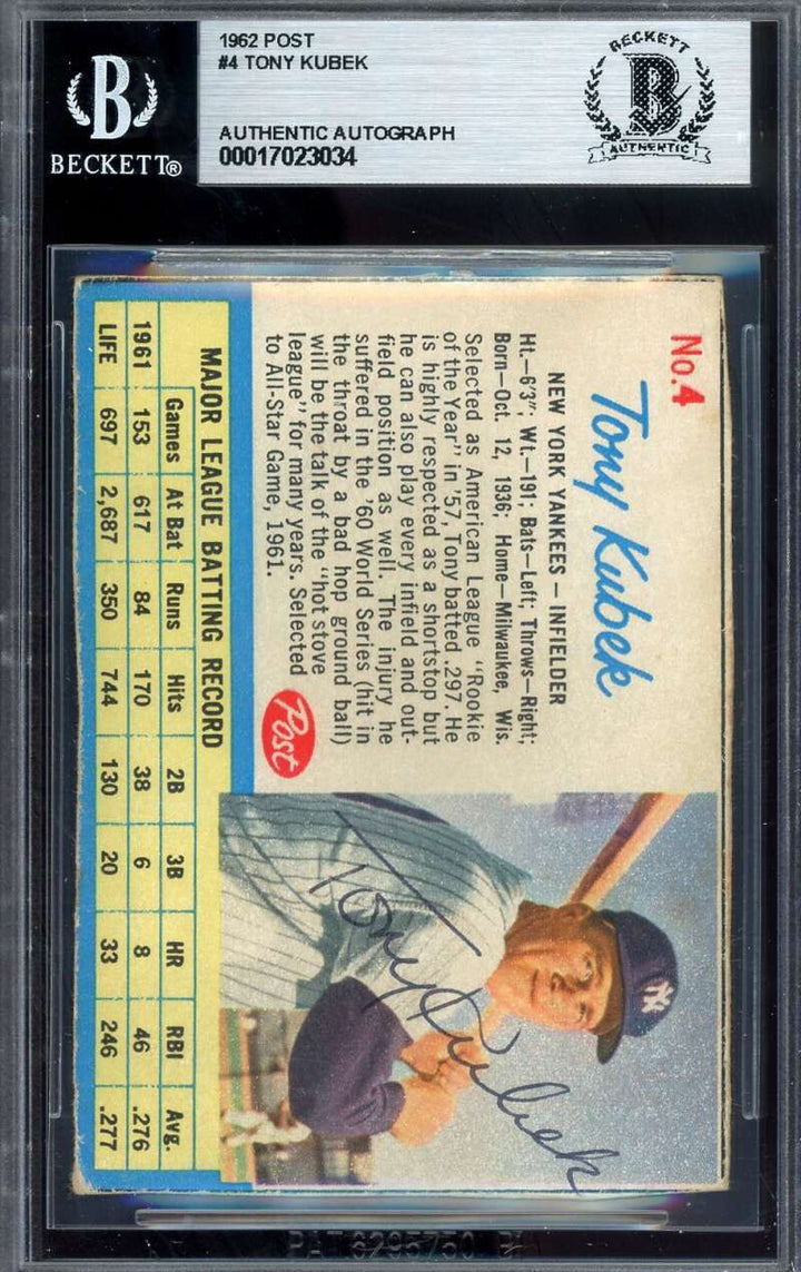 Tony Kubek Beckett BAS Signed 1962 Post Autograph