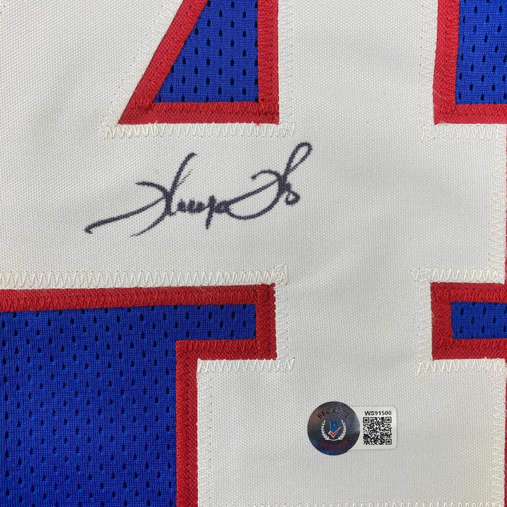 Autographed/Signed Thurman Thomas Buffalo Blue Stat Jersey Beckett BAS COA