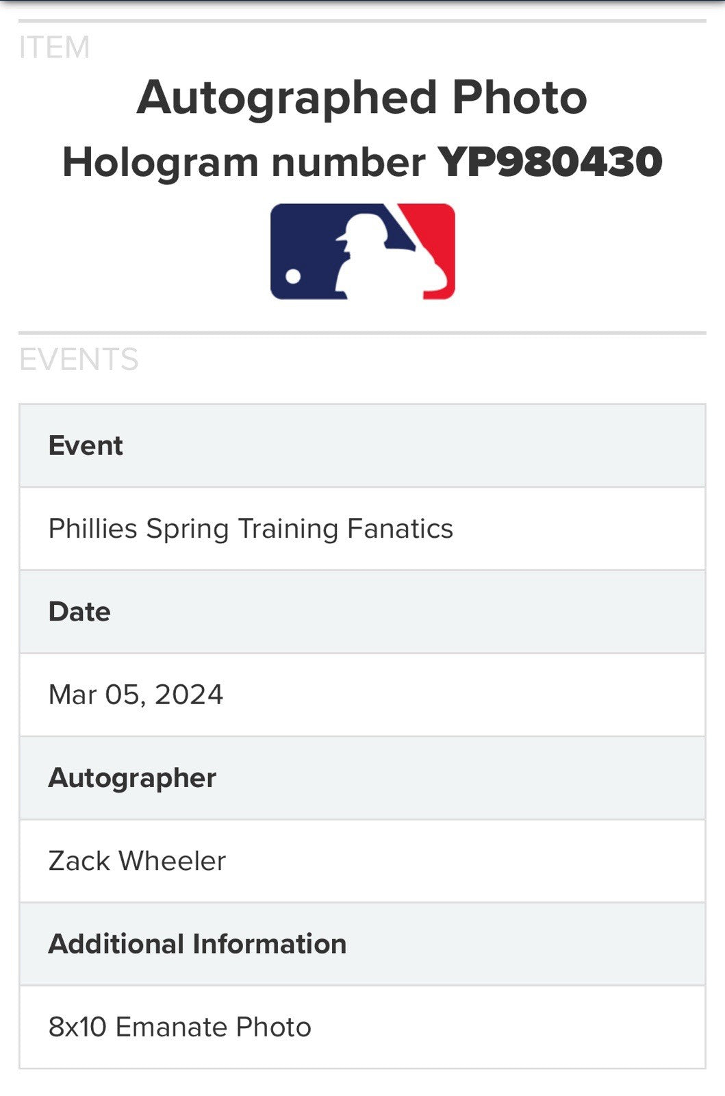 Zack Wheeler Signed Under Wraps Emanate 8x10 /99 Green Phillies Auto MLB COA