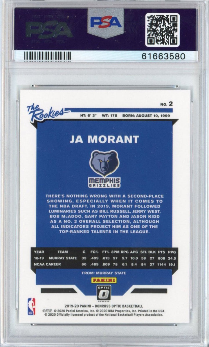 Graded 2019-20 Panini Donruss Optic Ja Morant #2 The Rookies RC Card PSA 10 Mint