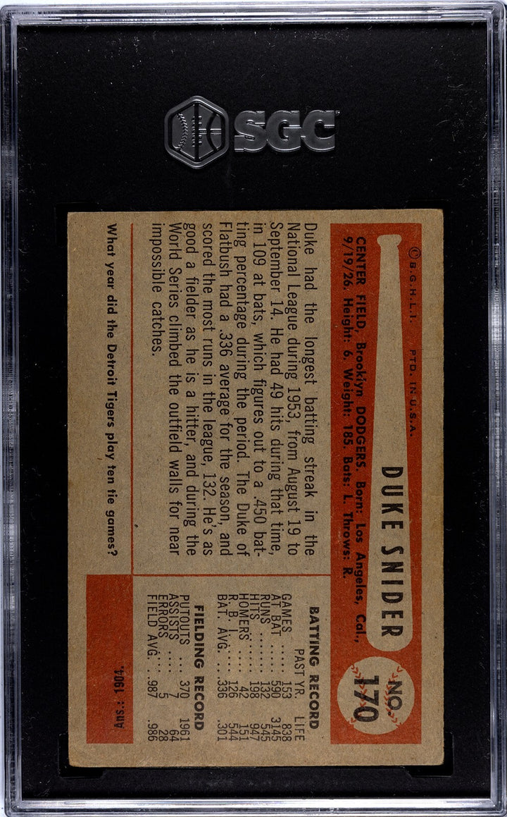 Duke Snider 1954 Bowman Card #170- SGC Graded 3 VG (Brooklyn Dodgers/HOF)