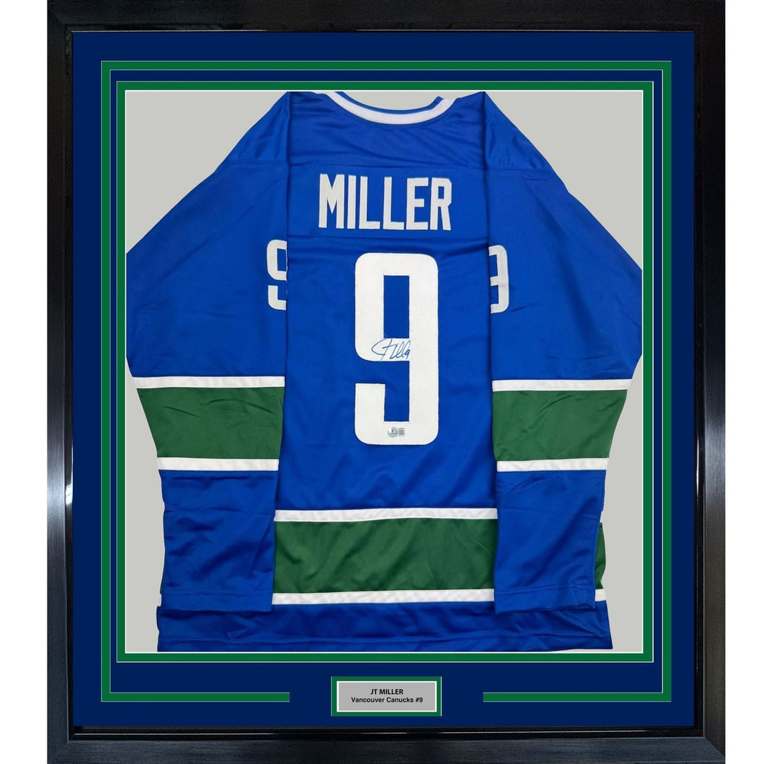 Framed Autographed/Signed JT Miller 35x39 Vancouver Blue Jersey Beckett COA
