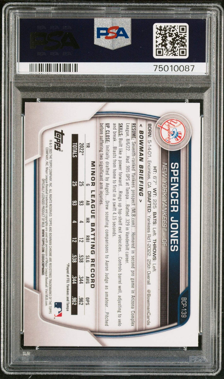 Graded 2023 Topps Bowman Spencer Jones #BCP139 Rookie RC Baseball Card PSA 10