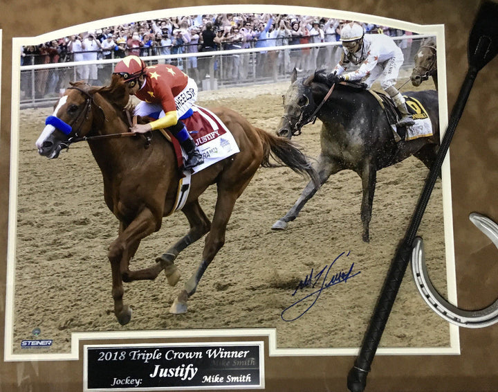 Mike Smith signed Justify triple crown photo horseshoe whip framed auto steiner