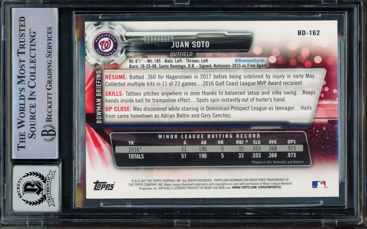 Juan Soto Signed 2017 Bowman Draft RC BD162 Mets BGS 9 Auto GM 10 Beckett