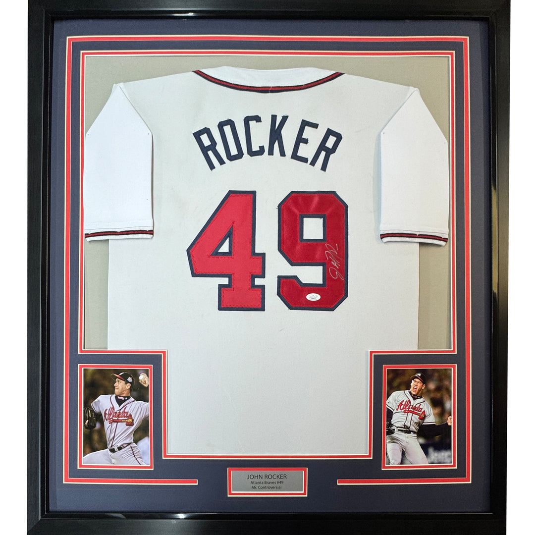 FRAMED Autographed/Signed JOHN ROCKER 33x42 Atlanta White Jersey PSA/DNA COA