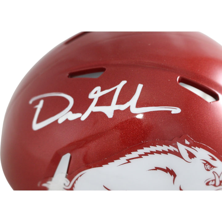 Dre Greenlaw Autographed Arkansas Razorbacks Mini Helmet Beckett Witness 54656