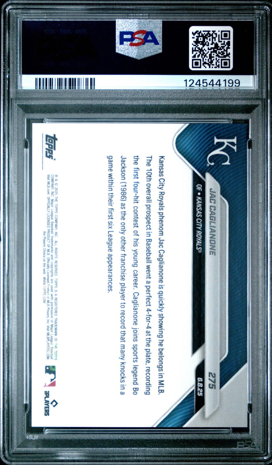 Graded 2025 Topps Now Jac Caglianone #275 Rookie Baseball Card PSA 10 Gem Mint