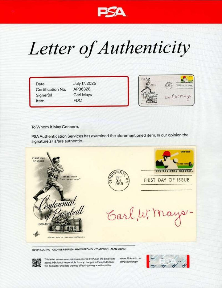 Carl Mays PSA DNA Signed 1969 First Day Cover Cache FDC Autograph