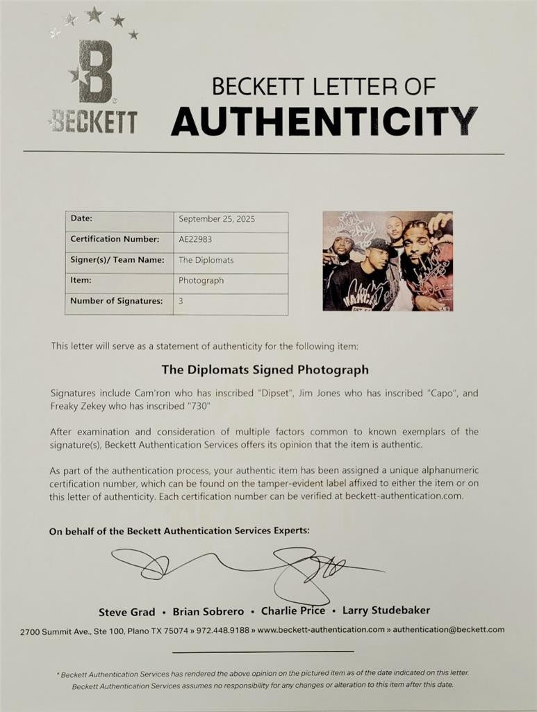 Diplomats signed 11x14 photo Cam'Ron Dipset Capo Zekey autograph Beckett BAS