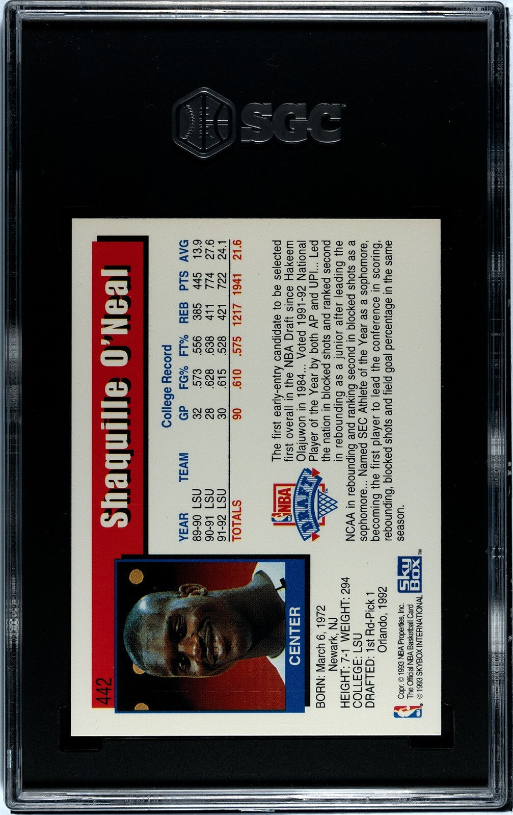 Shaquille O'Neal 1992-93 NBA Hoops Rookie Card (RC) #442 - SGC Graded 9 Mint