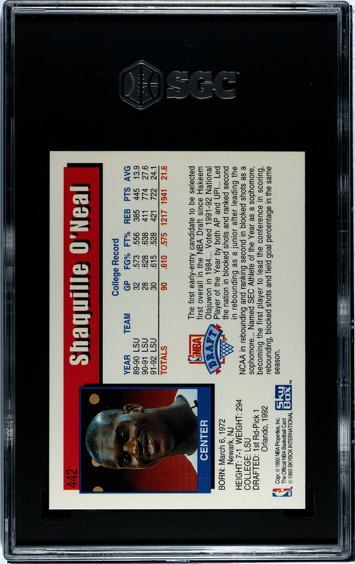 Shaquille O'Neal 1992-93 NBA Hoops Rookie Card (RC) #442 - SGC Graded 9 Mint