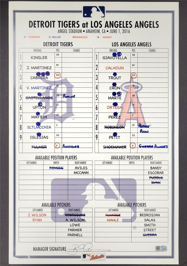 Tigers @ Angels 6/1/2016 Game Used Lineup Card Cabrera Hit Trout Pujols MLB Holo