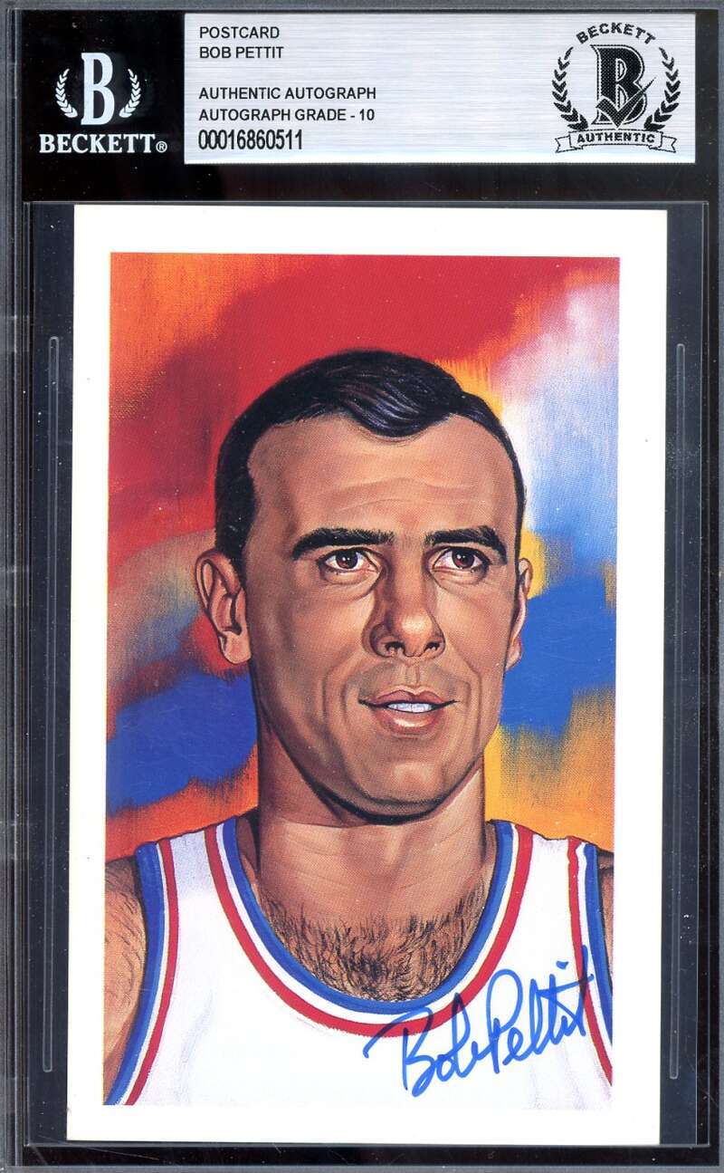 Bob Pettit Gem Mint 10 Beckett BAS Signed 1992 Center Court HOF Postcard Auto
