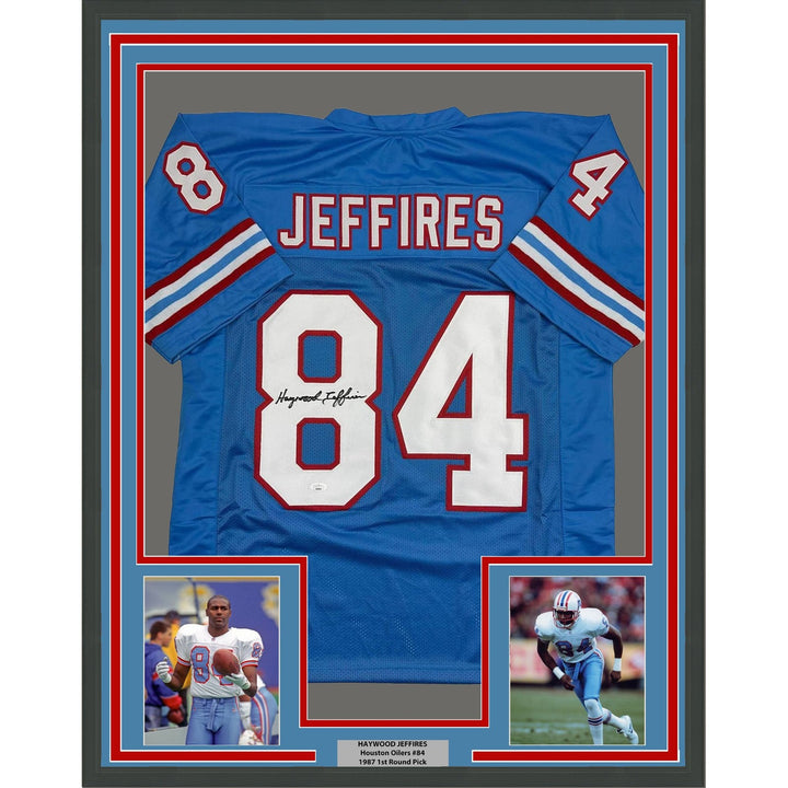 Framed Signed Haywood Jeffires 35x39 Tennessee Blue Jersey JSA COA