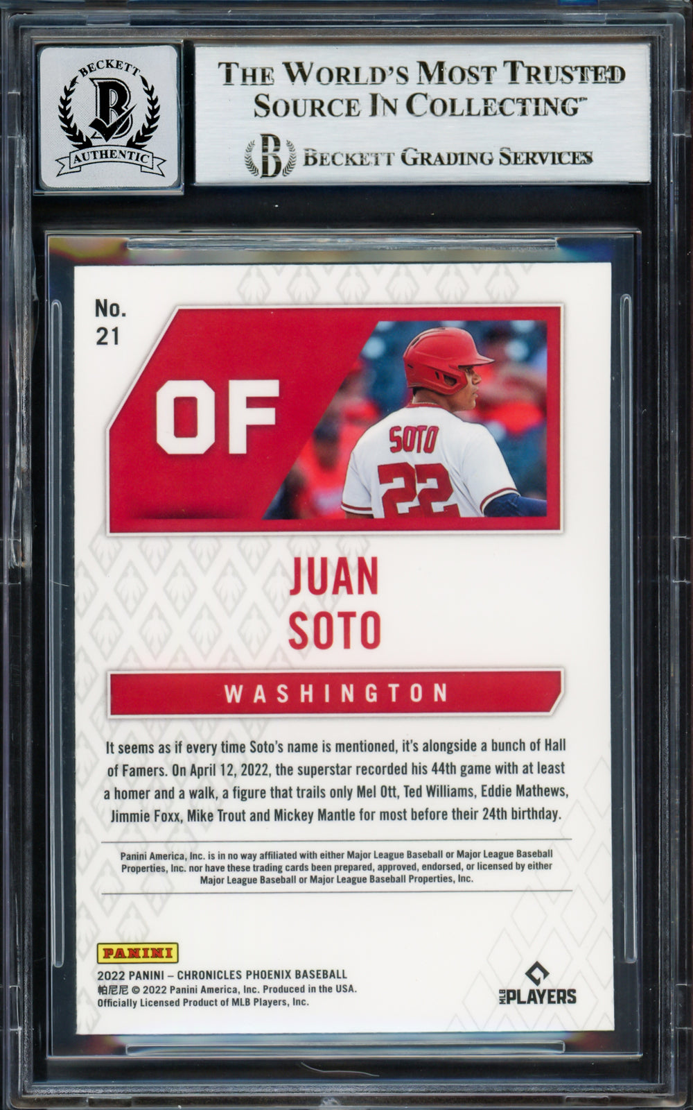 Juan Soto Signed 2022 Panini Phoenix Card 21 Mets Auto GM 10 Beckett #17039236