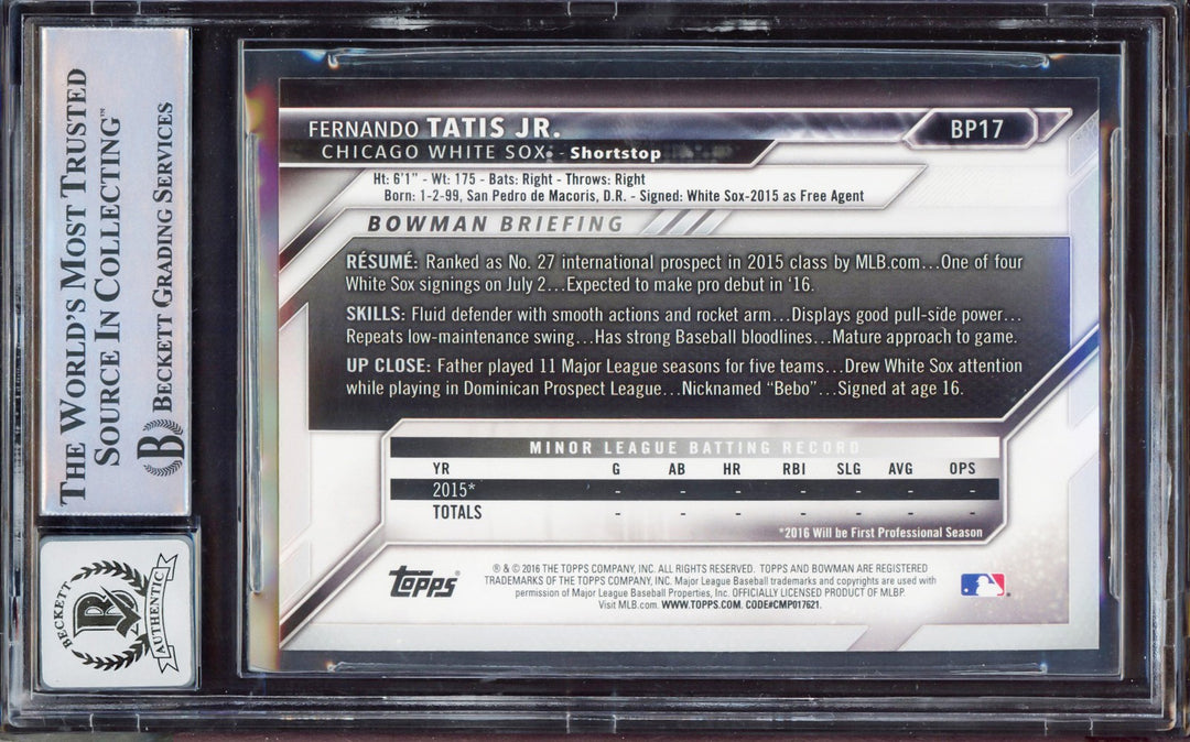 Fernando Tatis Jr Auto 2016 Bowman Prospect Yellow RC BP17 BGS 9 Sig 10 BAS