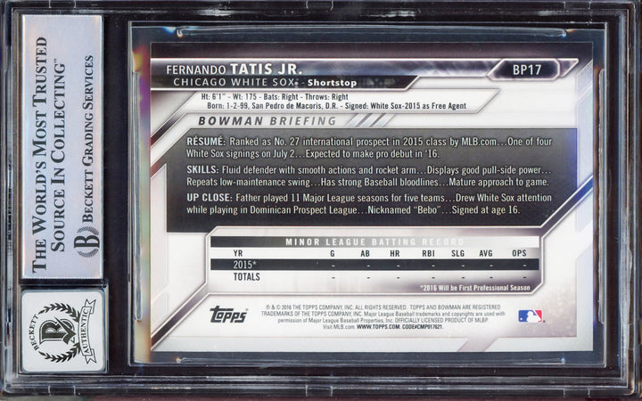 Fernando Tatis Jr Auto 2016 Bowman Prospect Yellow RC BP17 BGS 9 Sig 10 BAS