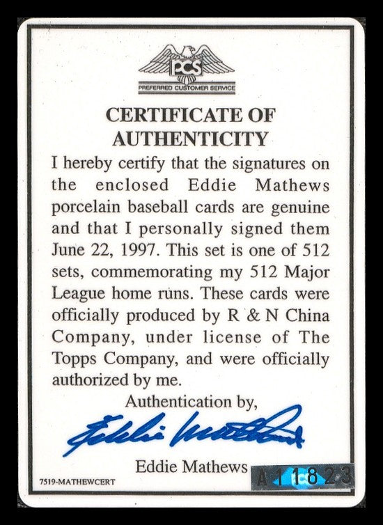 Eddie Mathews Signed Porcelain Baseball Card Set Milwaukee Braves 3 Signed