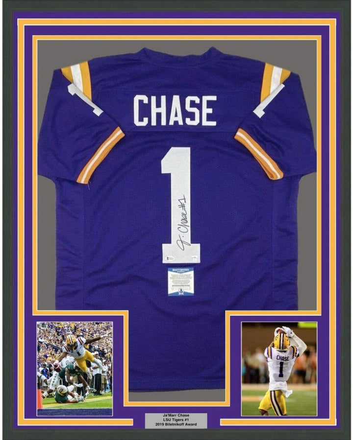 Framed Autographed/Signed Ja'Marr Chase 35x39 LSU Purple Jersey Beckett BAS COA