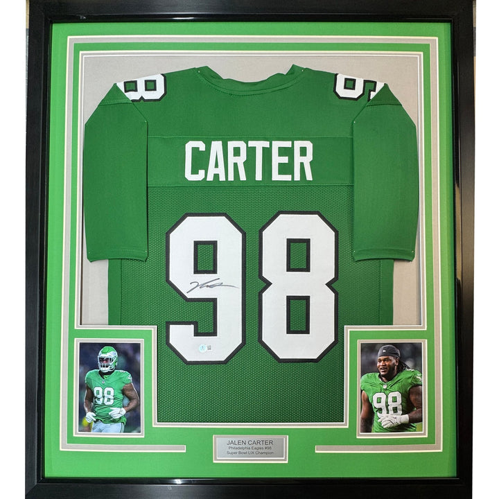 Framed Autographed/Signed Jalen Carter 35x39 Kelly Green Jersey BAS COA