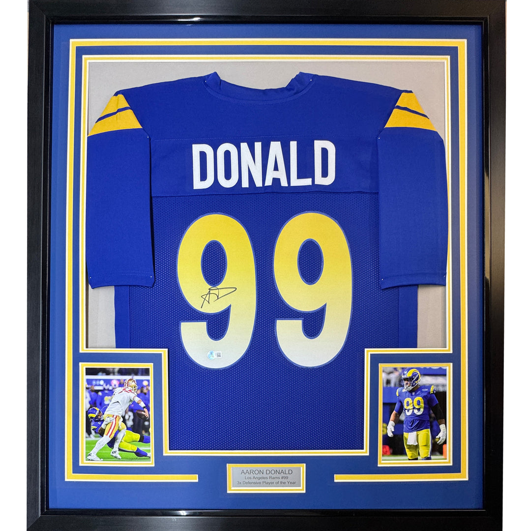 Framed Autographed/Signed Aaron Donald 35x39 LA Royal Blue Jersey JSA COA