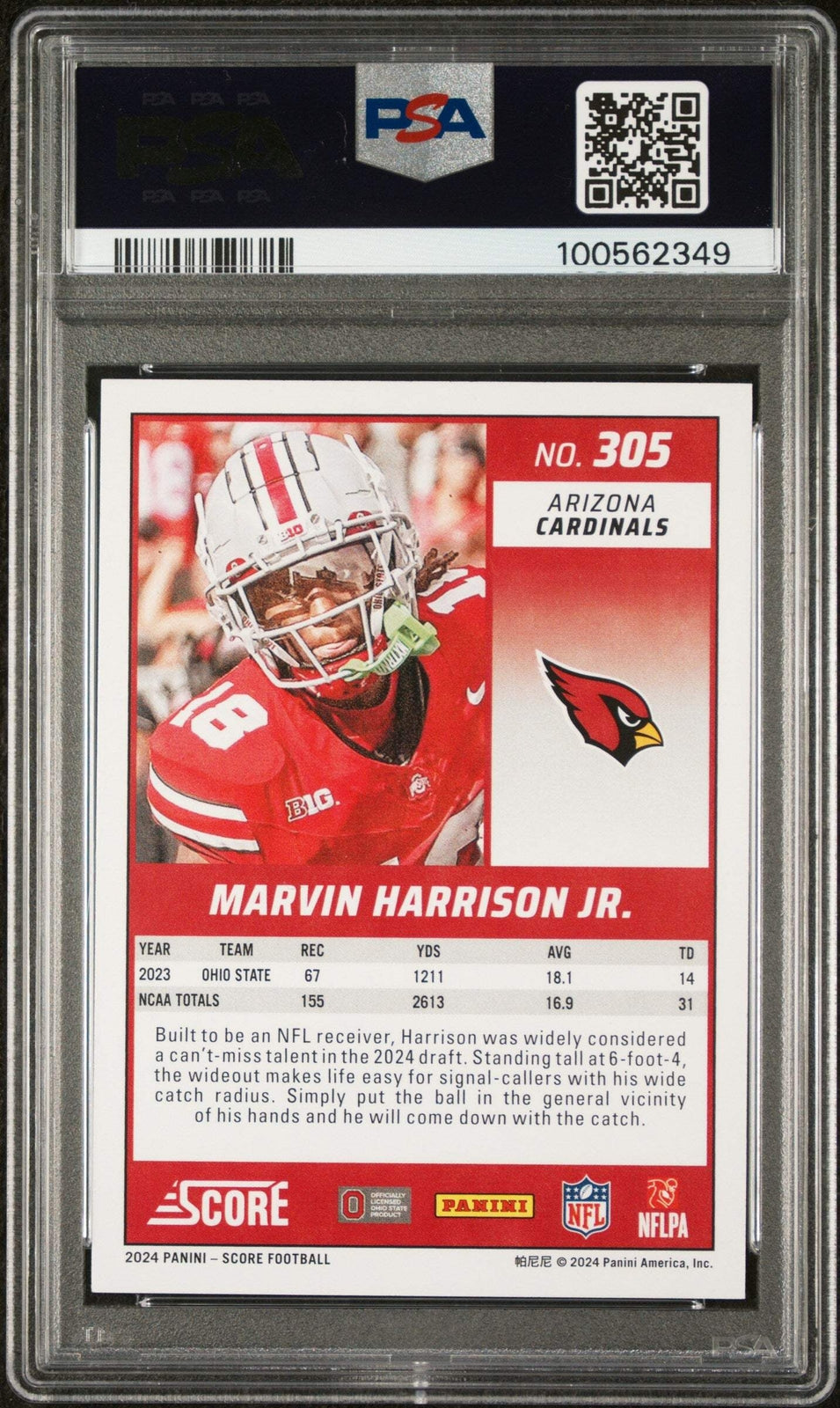 Graded 2024 Panini Score Marvin Harrison Jr #305 Rookie RC Football Card PSA 10