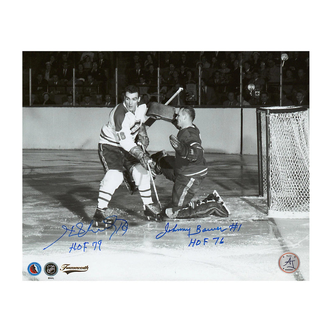 Johnny Bower vs Henri Richard Dual Signed Leafs Canadiens Rivalry 8x10 Photo