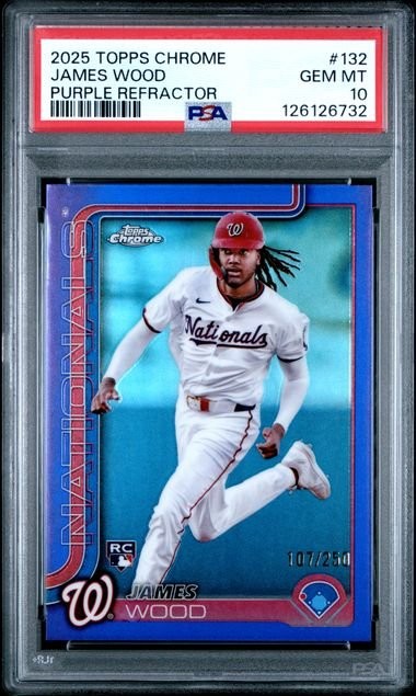 Graded 2025 Topps Chrome James Wood #132 Purple /250 RC Baseball Card PSA 10