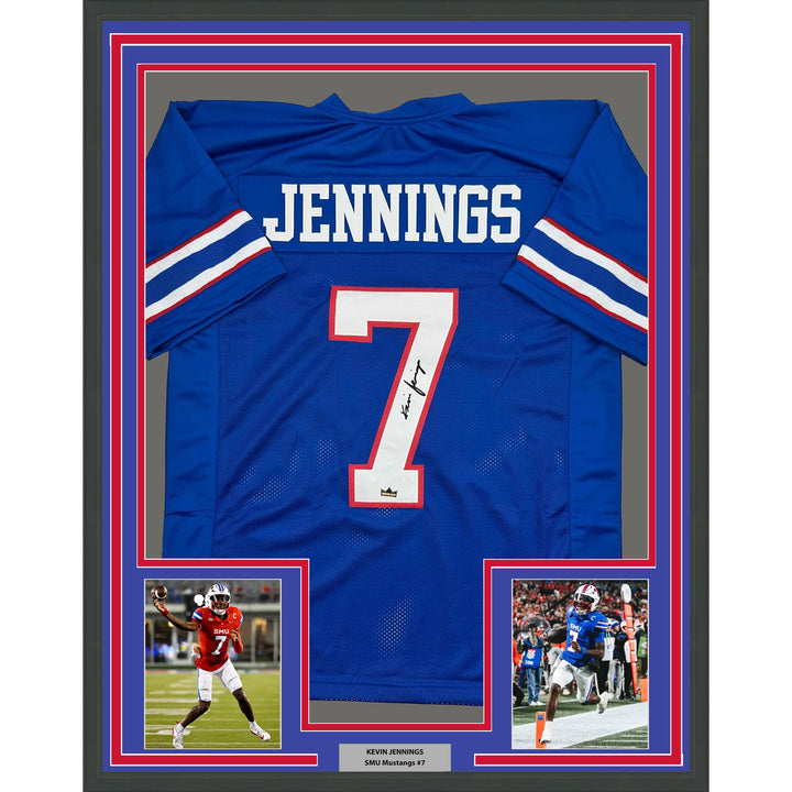 Framed Facsimile Autographed Kevin Jennings 35x39 Blue Reprint Laser Auto Jersey