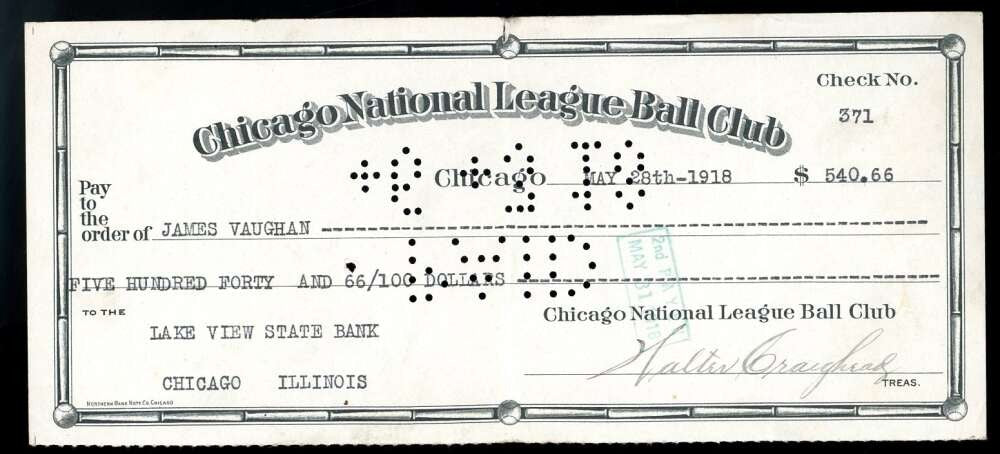 Weeghman Hippo Vaughn Veeck PSA DNA Loa Signed by 4 1918  Chicago Cubs Check