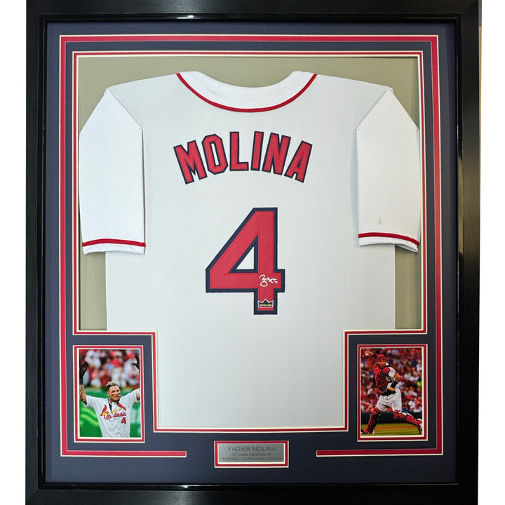 Framed Facsimile Autographed Yadier Molina 33x42 White Reprint Laser Auto Jersey