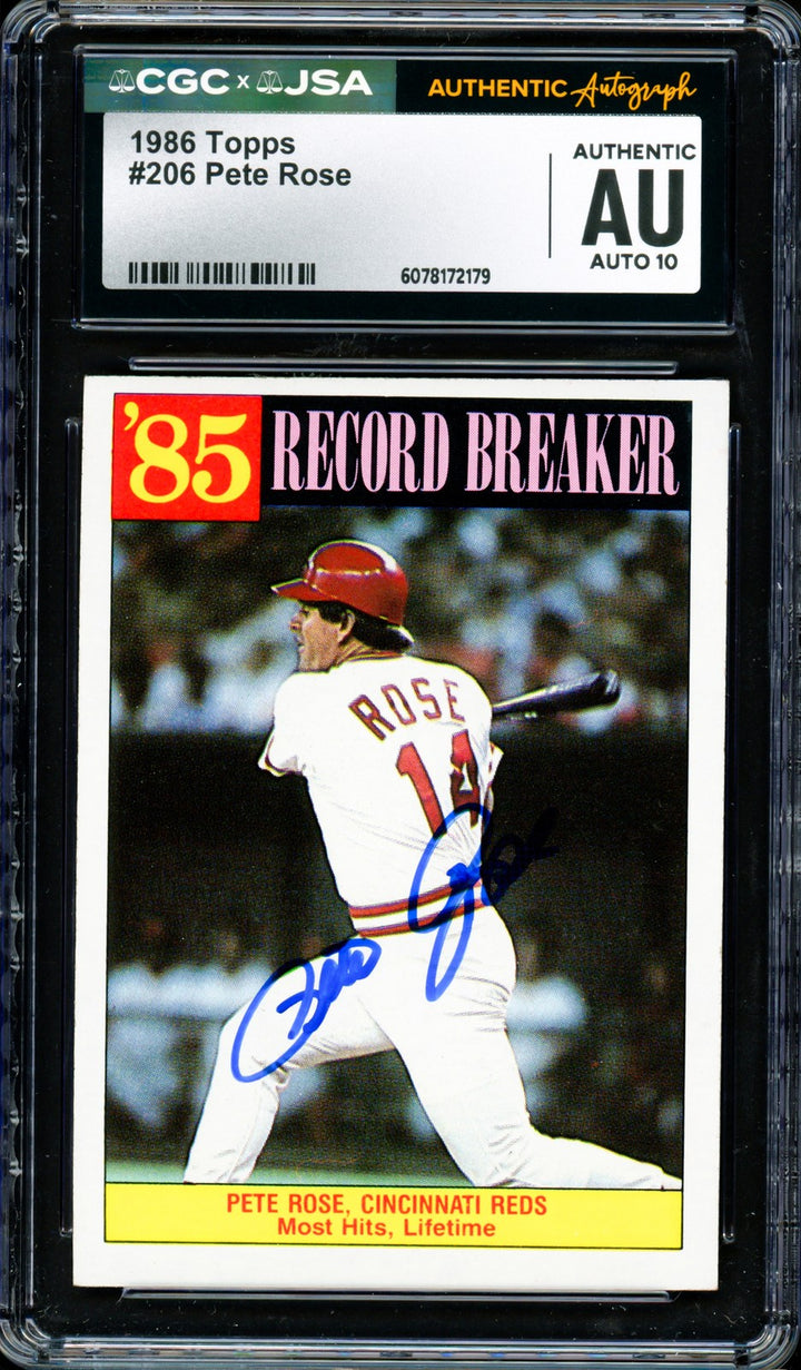 Pete Rose Signed 1986 Topps Card 206 Cincinnati Reds Auto GM 10 CGC x JSA