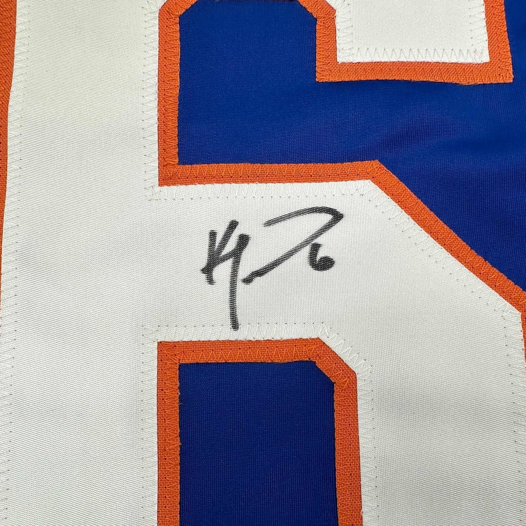 Framed Autographed/Signed Ken Morrow 35x39 New York Blue Jersey JSA COA