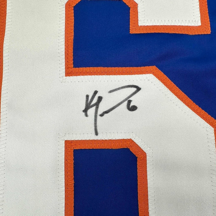 Framed Autographed/Signed Ken Morrow 35x39 New York Blue Jersey JSA COA