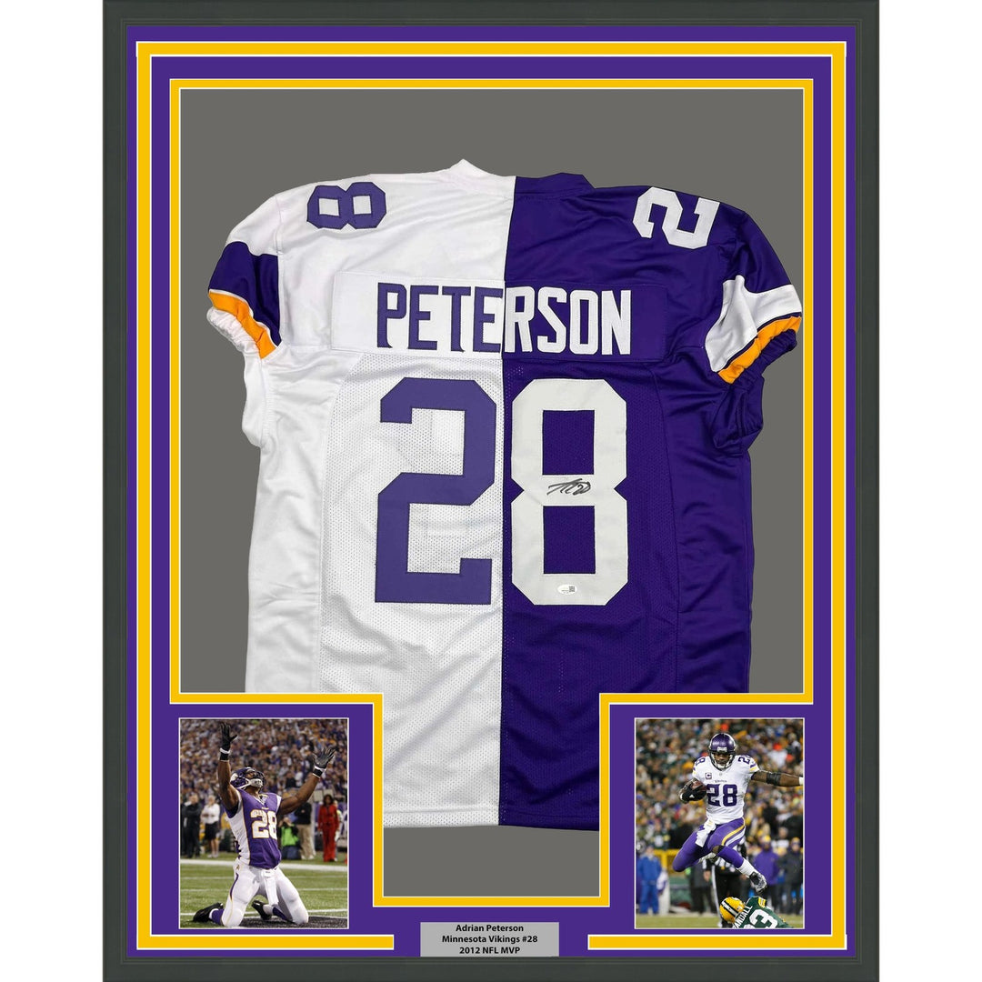 Framed Signed Adrian Peterson 35x39 Minnesota Split Jersey JSA COA