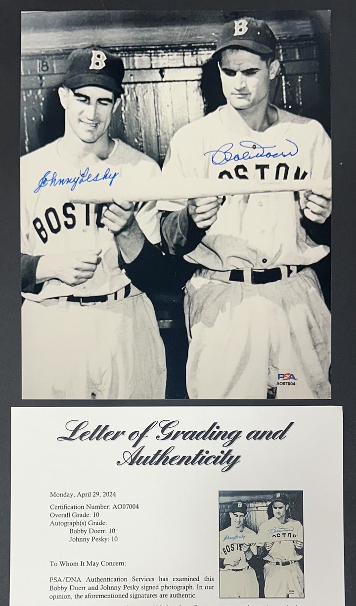 Johnny Pesky Bobby Doerr Signed 8x10 Photo PSA 10 Gem Mint Auto Red Sox LOA HOF