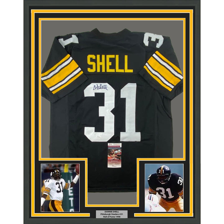 Framed Autographed/Signed Donnie Shell 33x42 Pittsburgh Black Jersey JSA COA