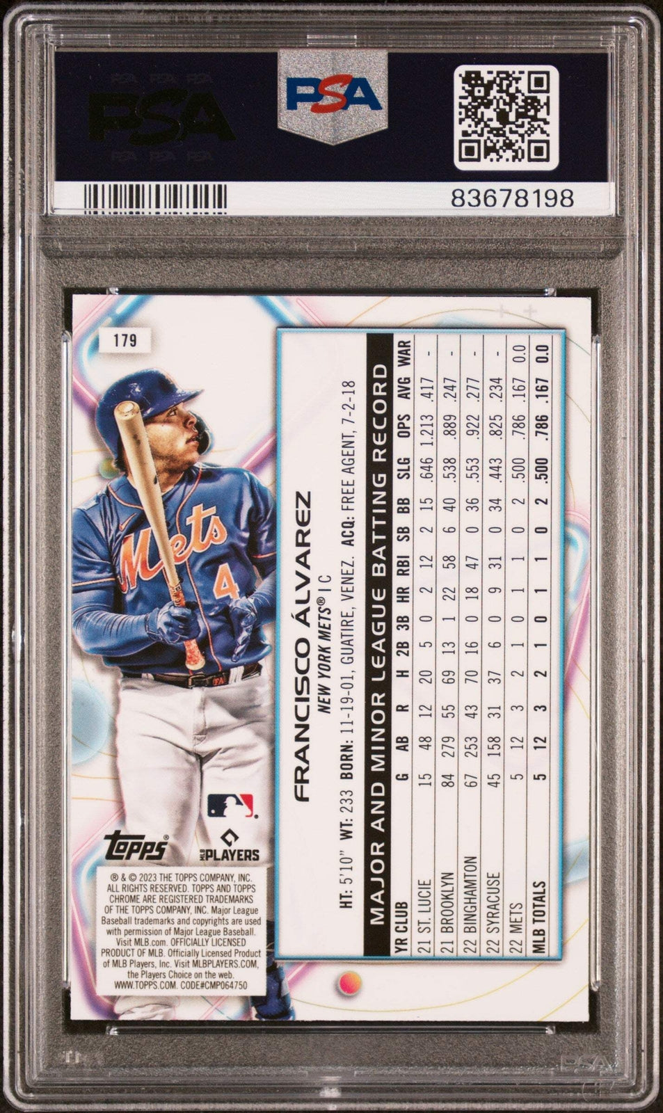 Graded 2023 Topps Cosmic Chrome Francisco Alvarez #179 RC Baseball Card PSA 10