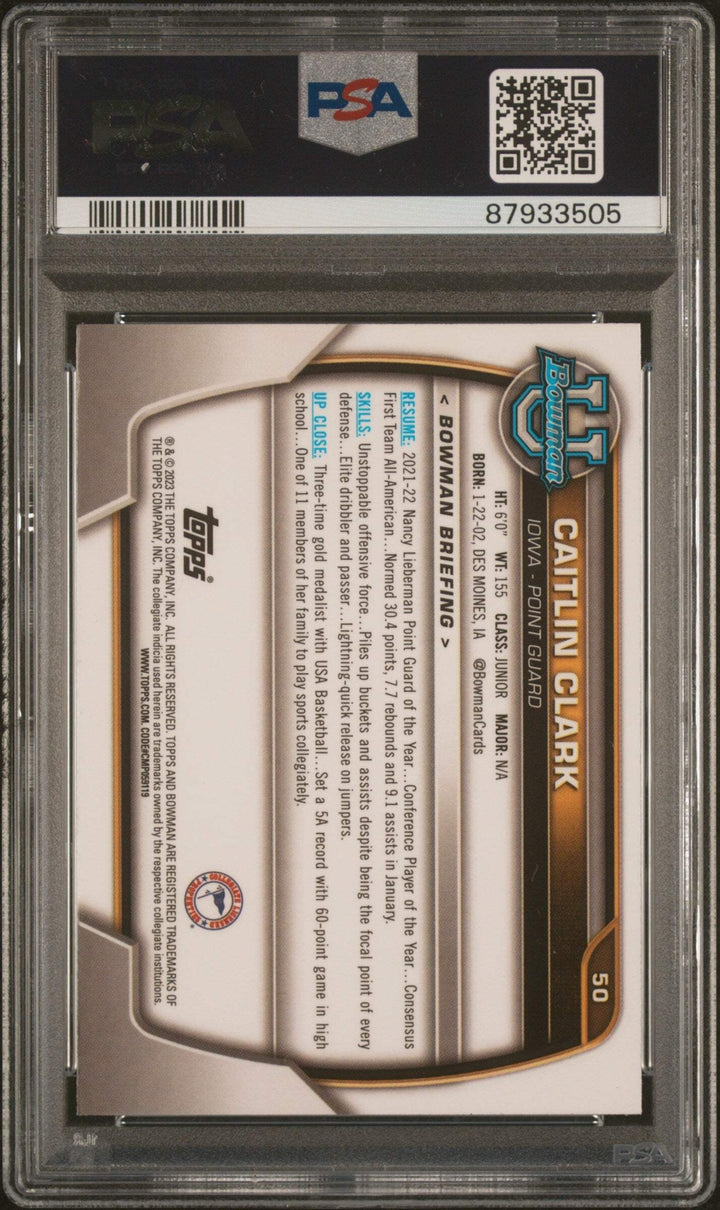 Graded 2022 Topps Bowman U Caitlin Clark #50 Pink REF RC Basketball Card PSA 10