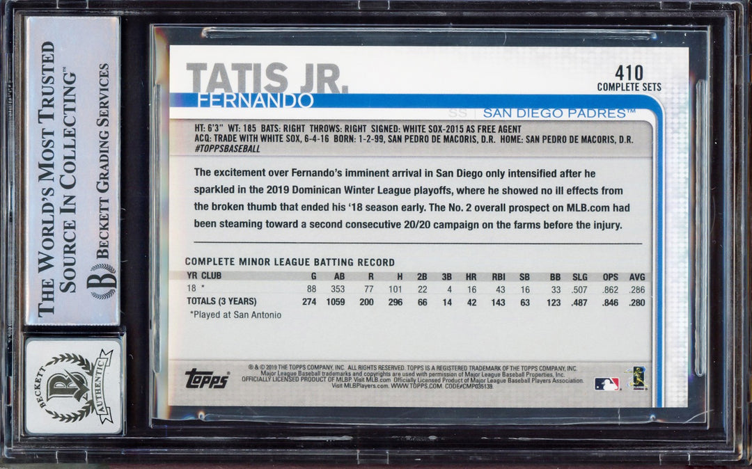 Fernando Tatis Jr. Signed 2019 Topps Complete Sets RC 410 BGS 9 Sig 10 Beckett