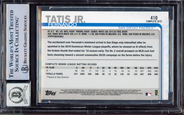 Fernando Tatis Jr. Signed 2019 Topps Complete Sets RC 410 BGS 9 Sig 10 Beckett