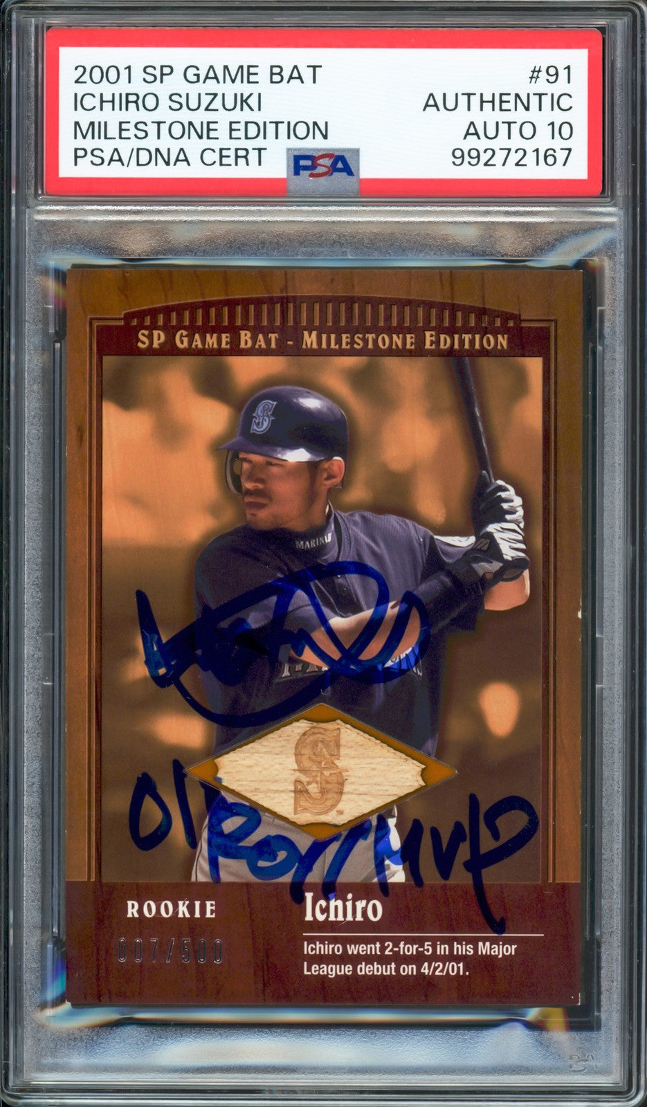 Ichiro Suzuki Auto 2001 Upper Deck SP RC 91 Sig 10 ROY/MVP GU Bat #/500 PSA/DNA