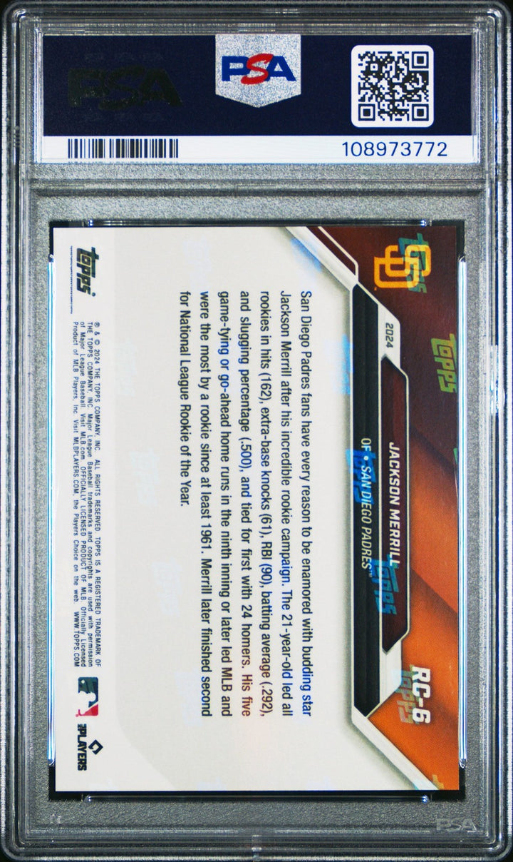 Graded 2024 Topps Now Jackson Merrill #RC6 Rookie Cup RC Card PSA 10