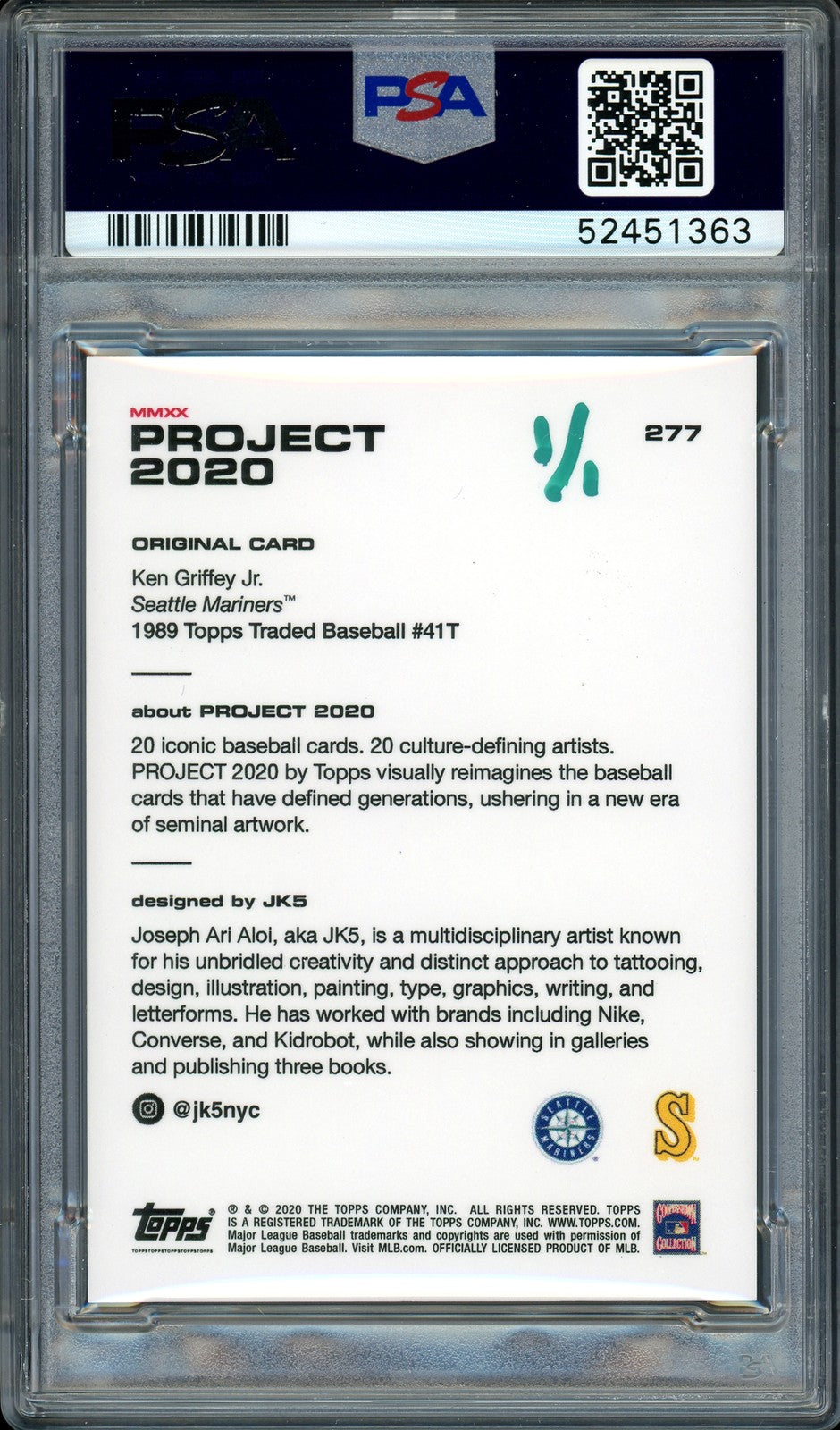 Ken Griffey Jr. Auto Topps Project 2020 JK5 Card 277 Mariners HOF 16 1/1 PSA/DNA