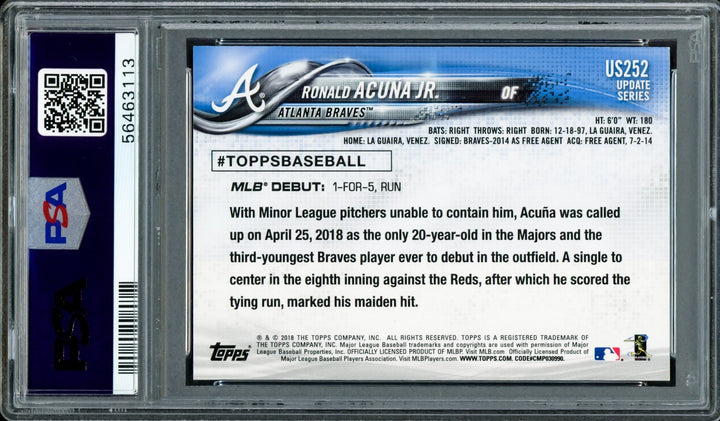 Ronald Acuna Jr. Auto 2018 Topps Update RC US252 Braves PSA 8 Auto GM 10 PSA/DNA