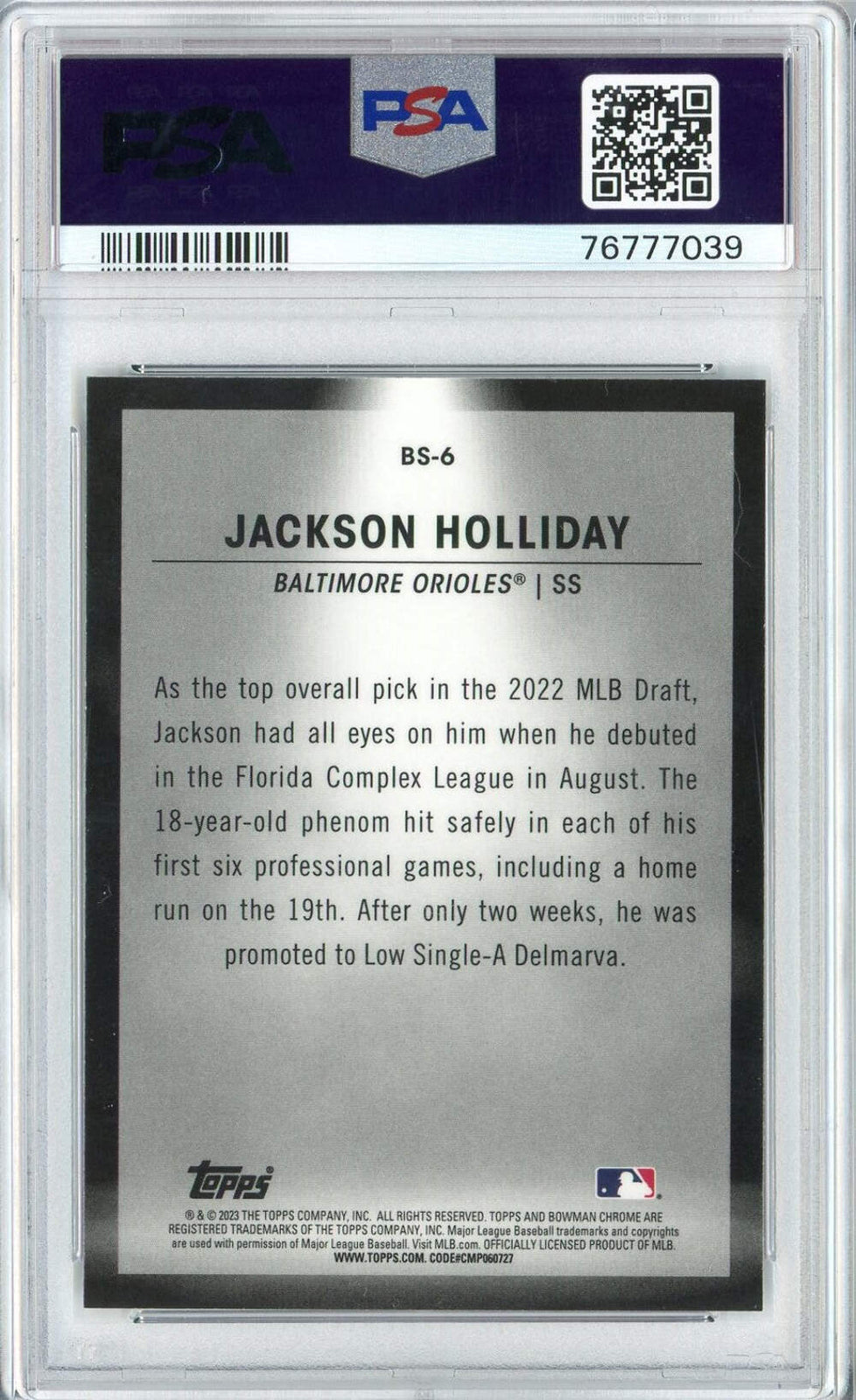 Graded 2022 Bowman Jackson Holliday #BS6 Spotlights Rookie Baseball Card PSA 10